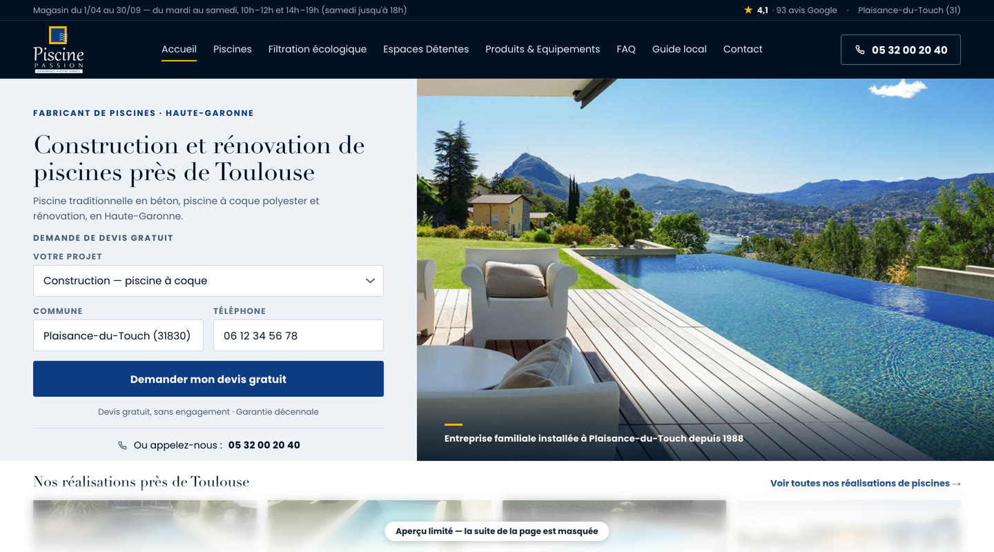 Le même site de pisciniste après refonte, sur ordinateur