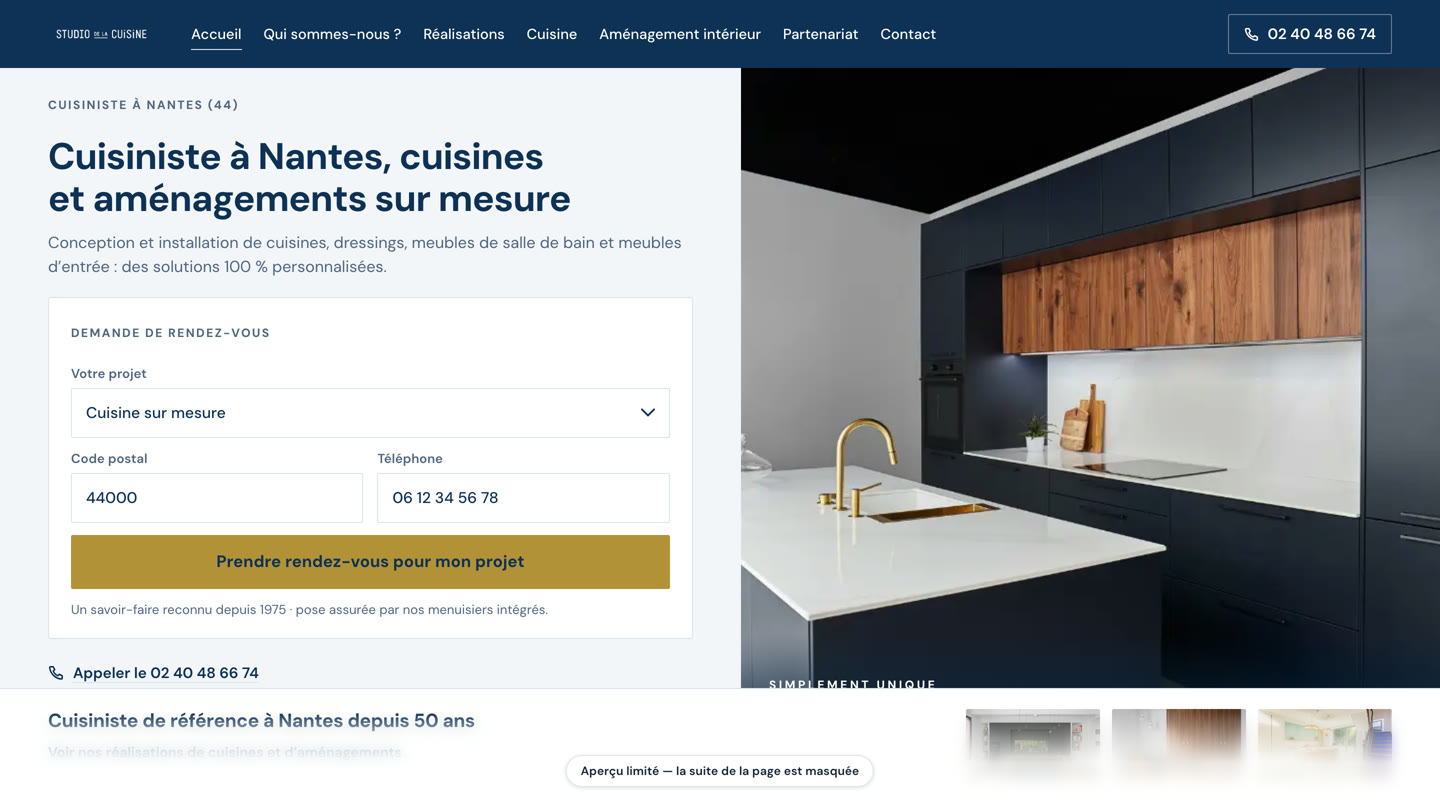 Le même site de cuisiniste après refonte, sur ordinateur